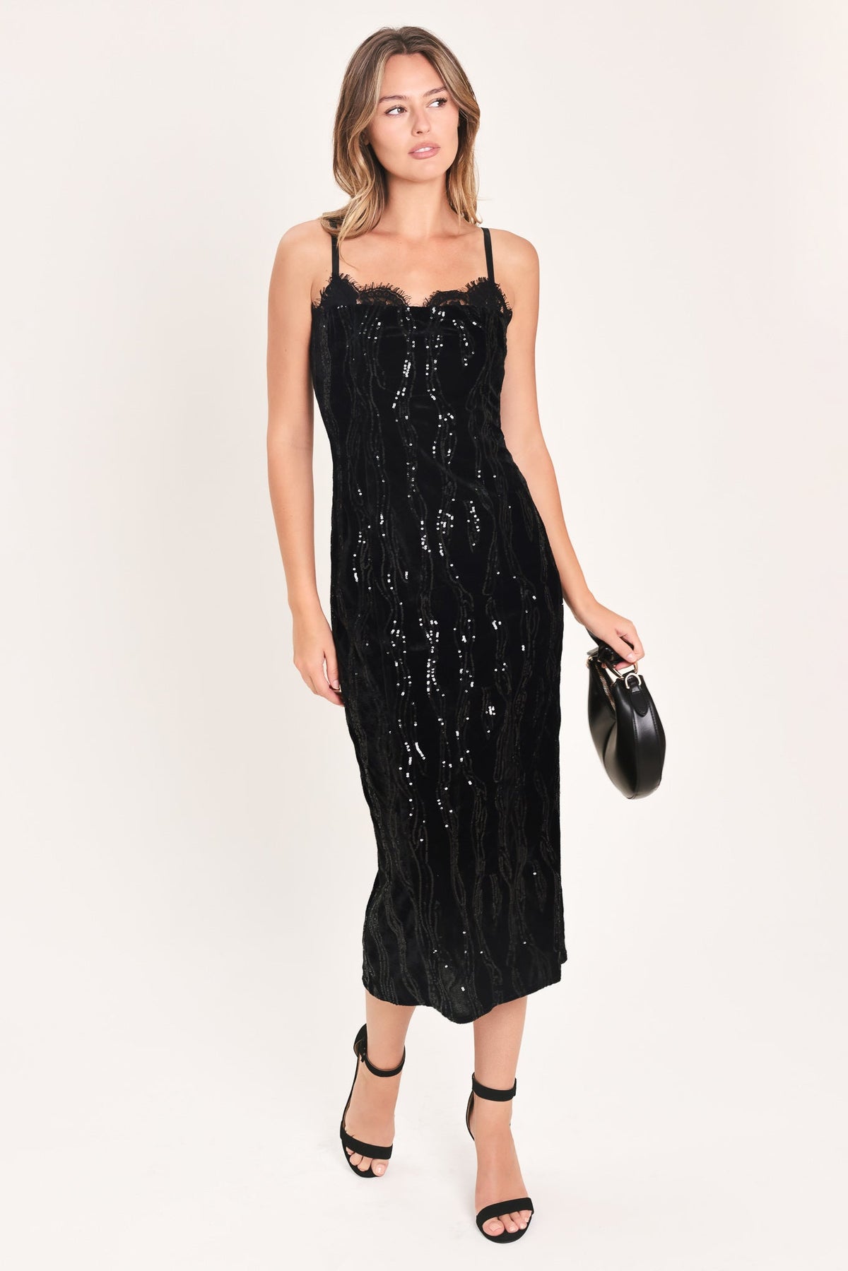 VELVET OBSESSION BLACK SEQUIN SWEETHEART MIDI DRESS - Flying Tomato - Flyclothing LLC