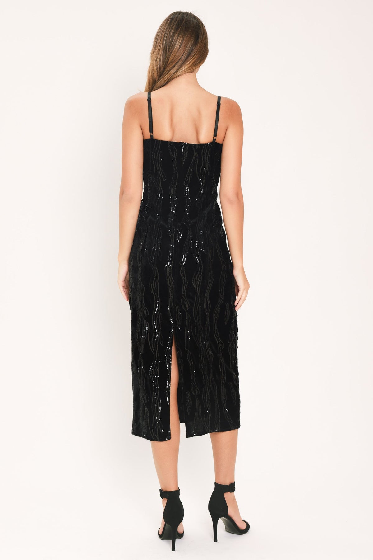 VELVET OBSESSION BLACK SEQUIN SWEETHEART MIDI DRESS - Flying Tomato - Flyclothing LLC