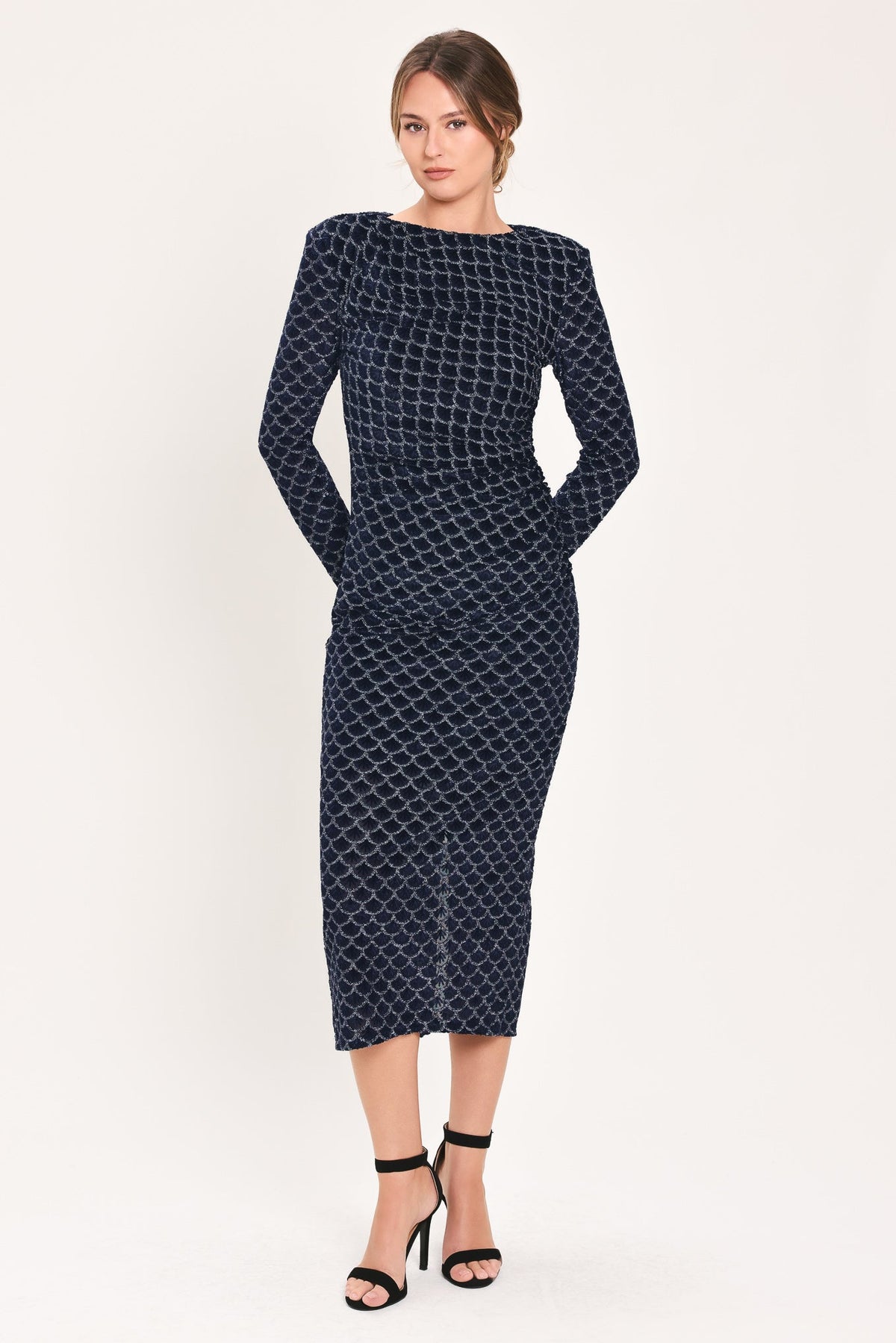 NAVY VEIL NAVY METALLIC BURNOUT VELVET RUCHED MIDI DRESS - Flying Tomato - Flyclothing LLC