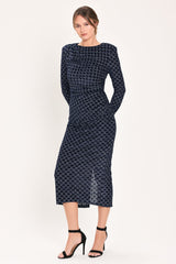NAVY VEIL NAVY METALLIC BURNOUT VELVET RUCHED MIDI DRESS - Flying Tomato - Flyclothing LLC