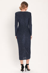 NAVY VEIL NAVY METALLIC BURNOUT VELVET RUCHED MIDI DRESS - Flying Tomato - Flyclothing LLC