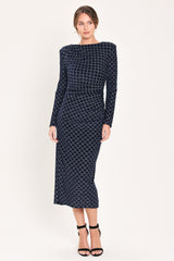 NAVY VEIL NAVY METALLIC BURNOUT VELVET RUCHED MIDI DRESS - Flying Tomato - Flyclothing LLC