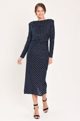 NAVY VEIL NAVY METALLIC BURNOUT VELVET RUCHED MIDI DRESS - Flying Tomato - Flyclothing LLC