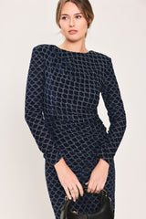 NAVY VEIL NAVY METALLIC BURNOUT VELVET RUCHED MIDI DRESS - Flying Tomato - Flyclothing LLC