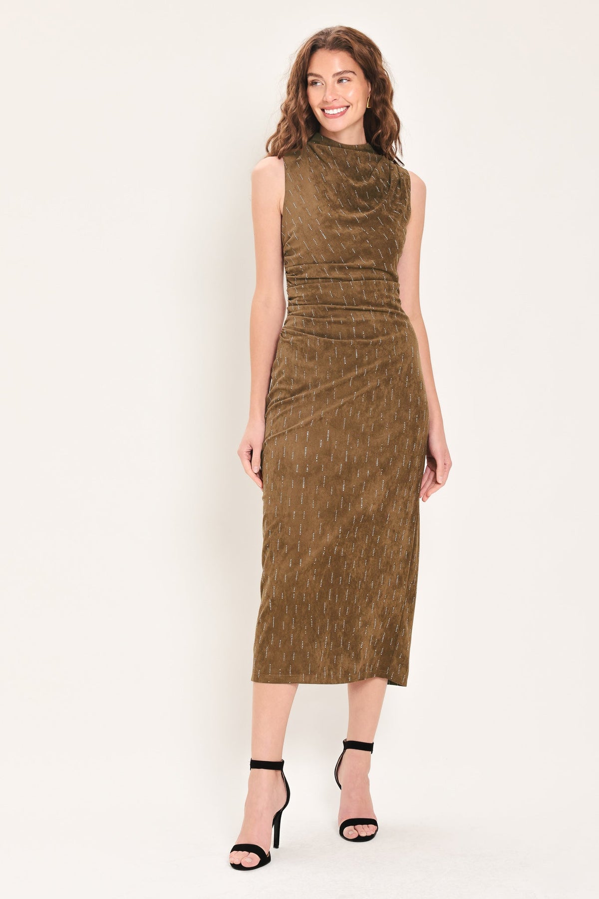 WALNUT GLOW EMBELLISHED FAUX SUEDE MIDI DRESS - Flying Tomato - Flyclothing LLC