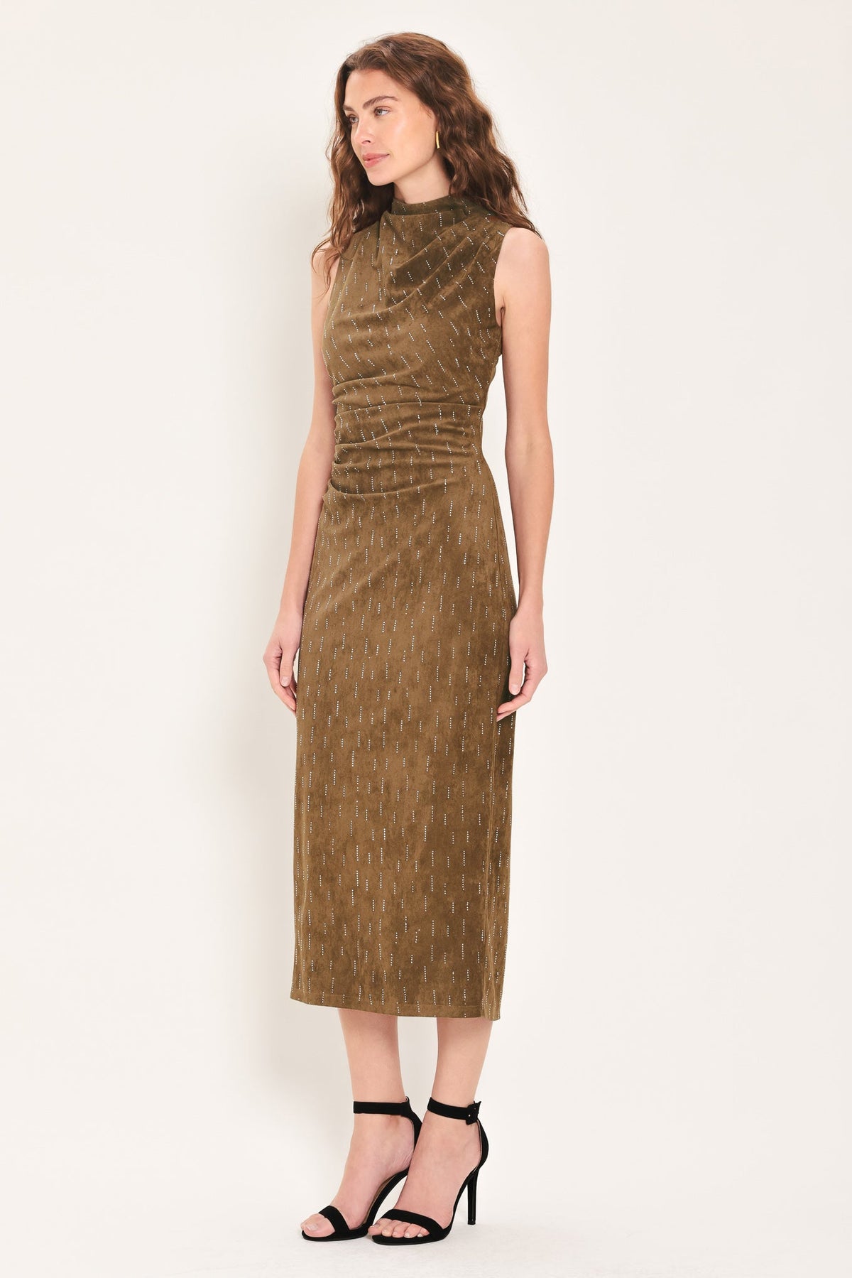 WALNUT GLOW EMBELLISHED FAUX SUEDE MIDI DRESS - Flying Tomato - Flyclothing LLC