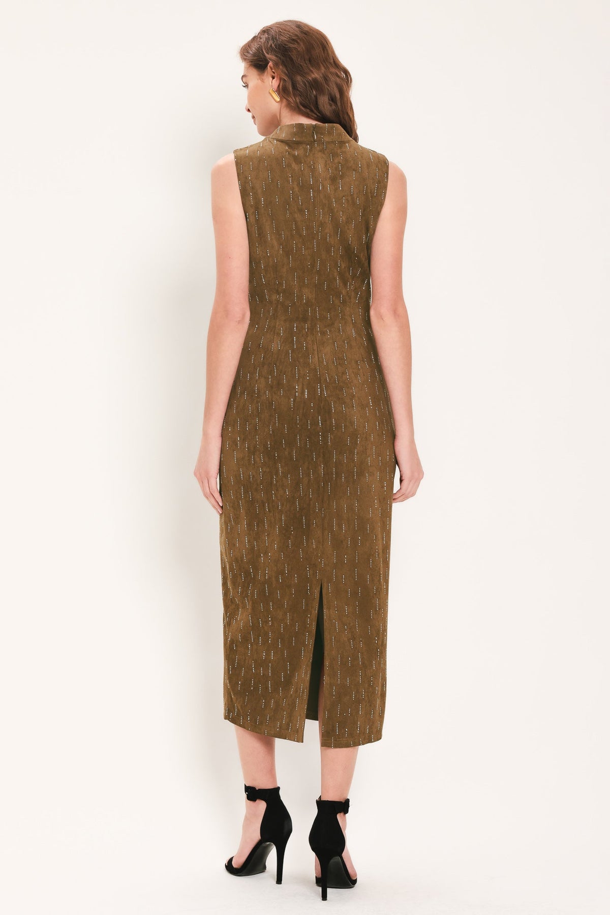 WALNUT GLOW EMBELLISHED FAUX SUEDE MIDI DRESS - Flying Tomato - Flyclothing LLC