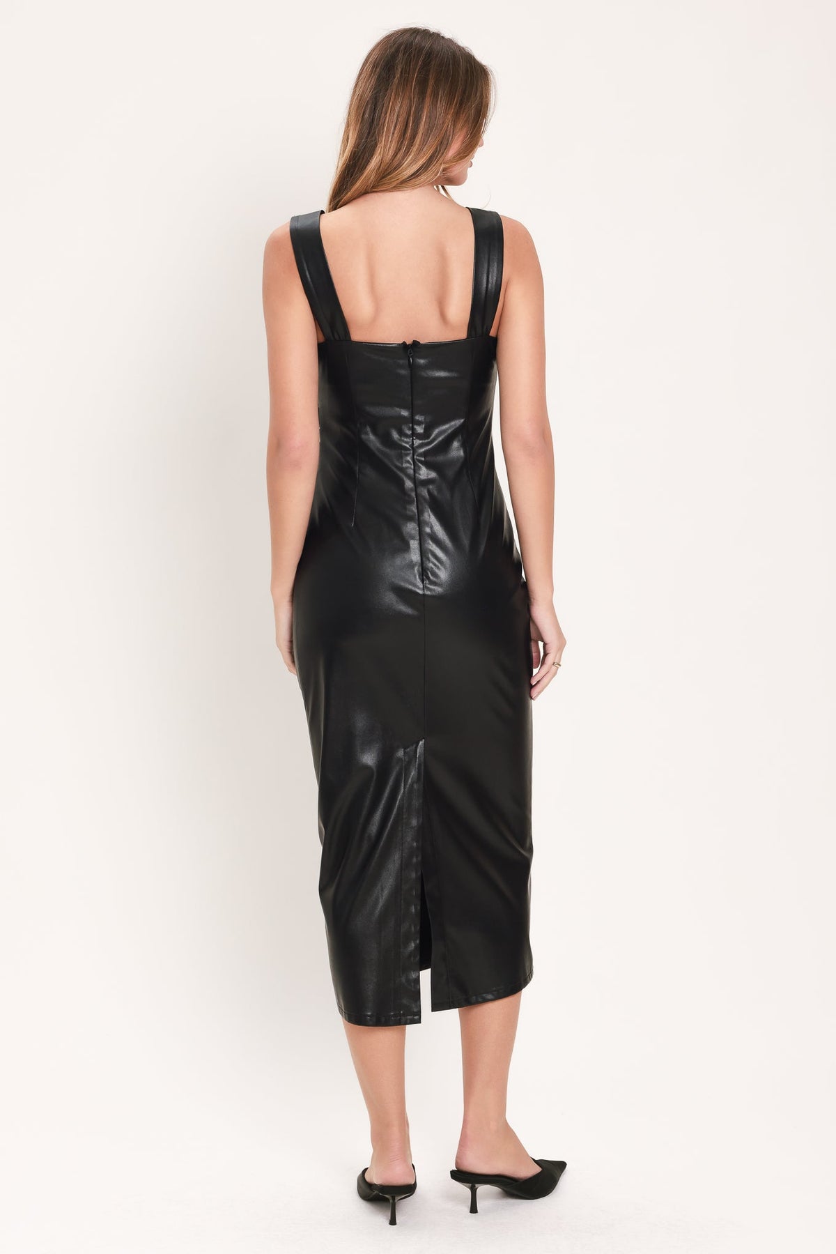 NOIR HARDWARE BLACK FAUX LEATHER PLEATED MIDI DRESS - Flying Tomato - Flyclothing LLC