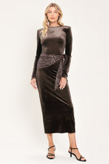 ESPRESSO EVENING VELVET SEQUIN-SCARF MIDI DRESS - Flying Tomato - Flyclothing LLC