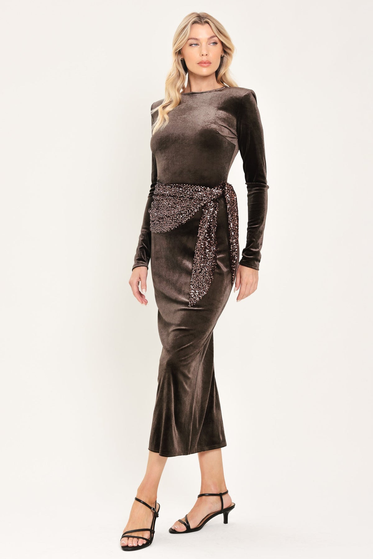 ESPRESSO EVENING VELVET SEQUIN-SCARF MIDI DRESS - Flying Tomato - Flyclothing LLC