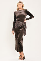 ESPRESSO EVENING VELVET SEQUIN-SCARF MIDI DRESS - Flying Tomato - Flyclothing LLC
