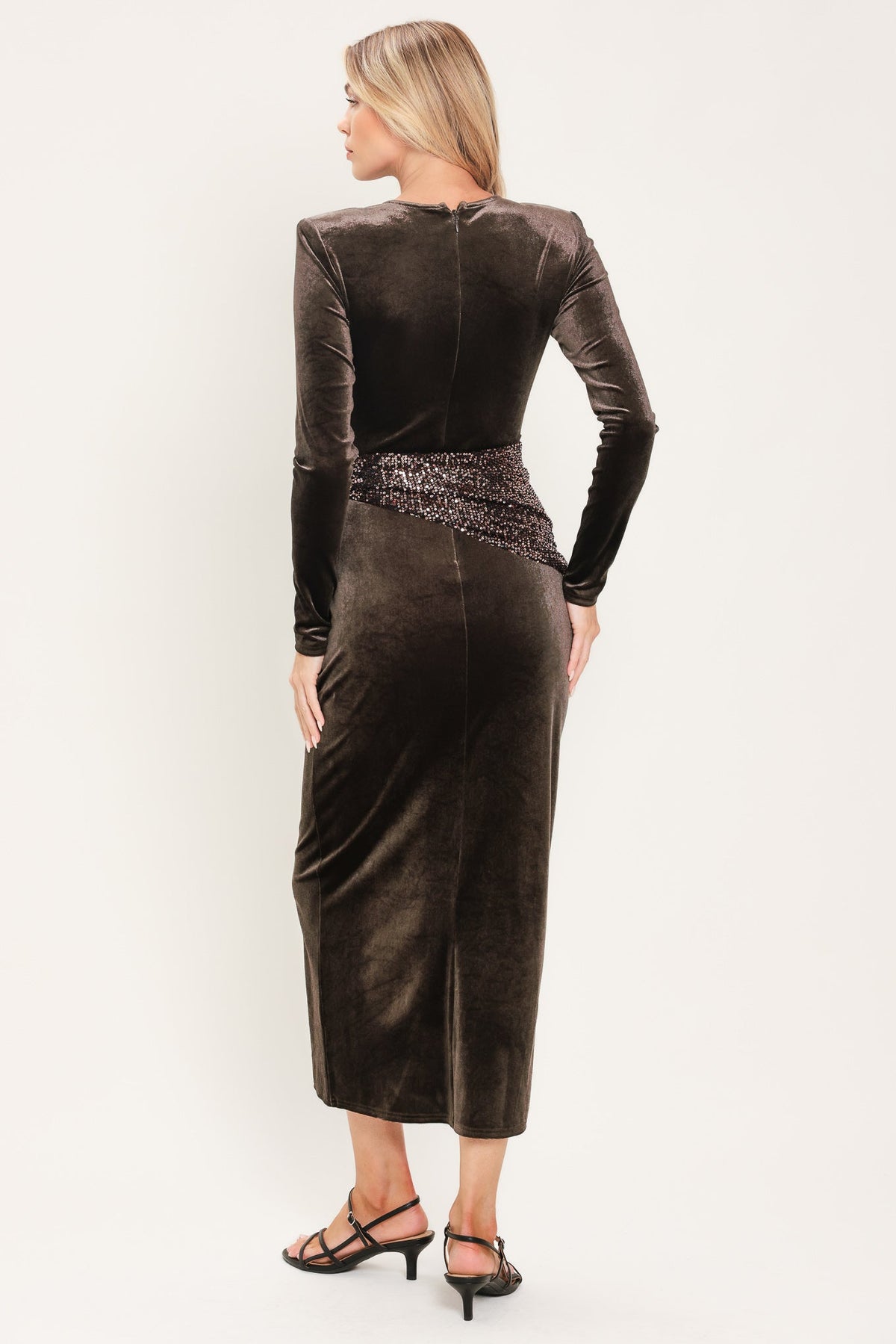 ESPRESSO EVENING VELVET SEQUIN-SCARF MIDI DRESS - Flying Tomato - Flyclothing LLC