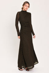 COCOA VEIL DARK BROWN BURNOUT VELVET MESH MAXI DRESS - Flying Tomato - Flyclothing LLC