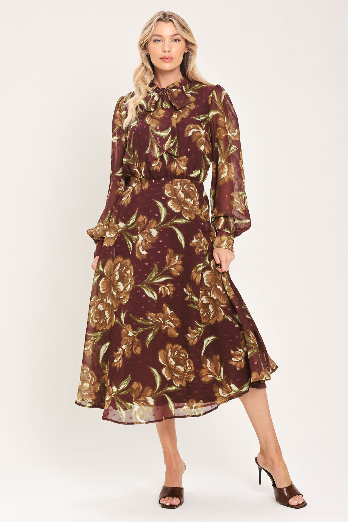 MERLOT MOMENT BURGUNDY TEXTURED TIE-NECK MIDI DRESS - Flying Tomato - Flyclothing LLC