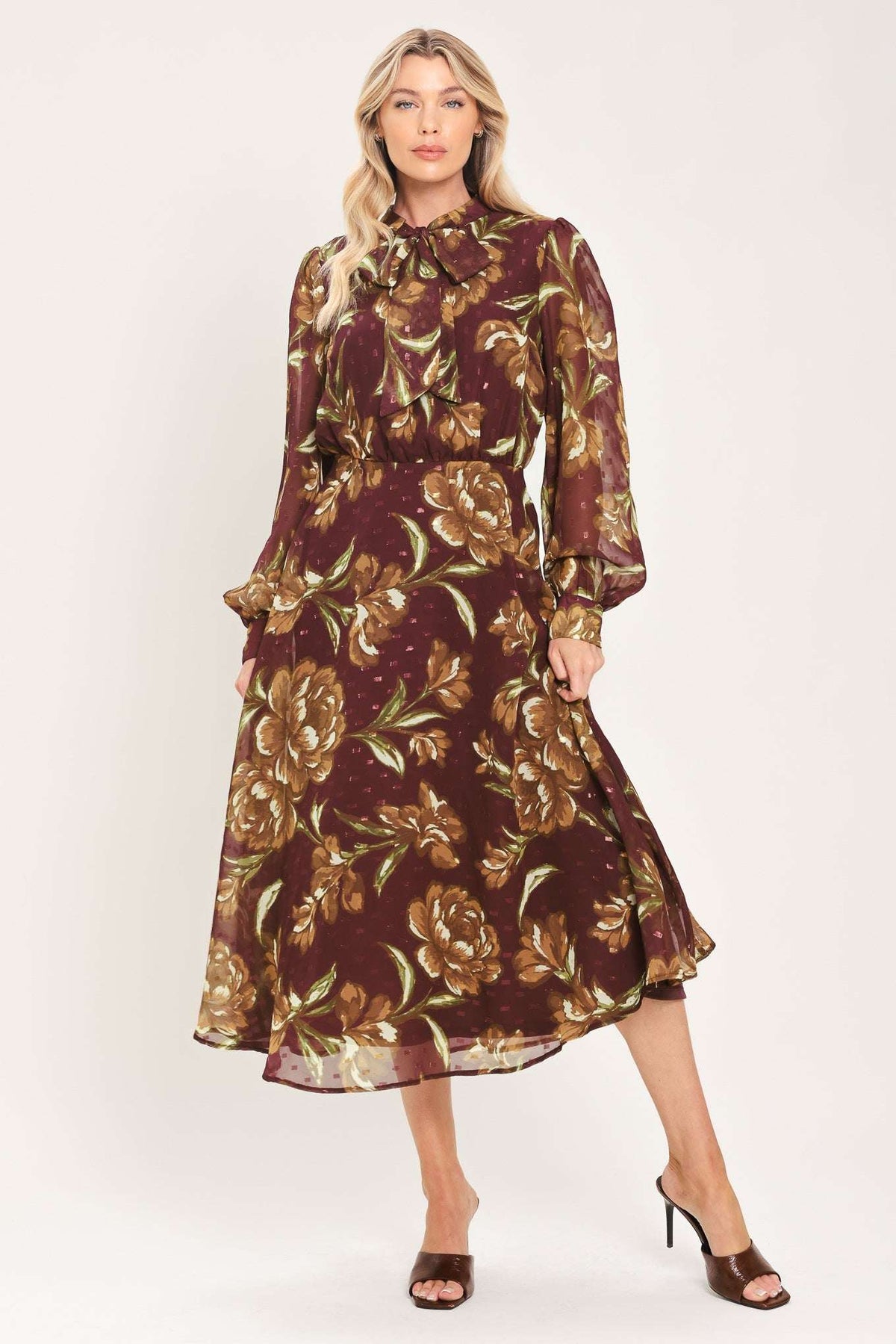MERLOT MOMENT BURGUNDY TEXTURED TIE-NECK MIDI DRESS - Flying Tomato - Flyclothing LLC