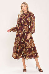 MERLOT MOMENT BURGUNDY TEXTURED TIE-NECK MIDI DRESS - Flying Tomato - Flyclothing LLC