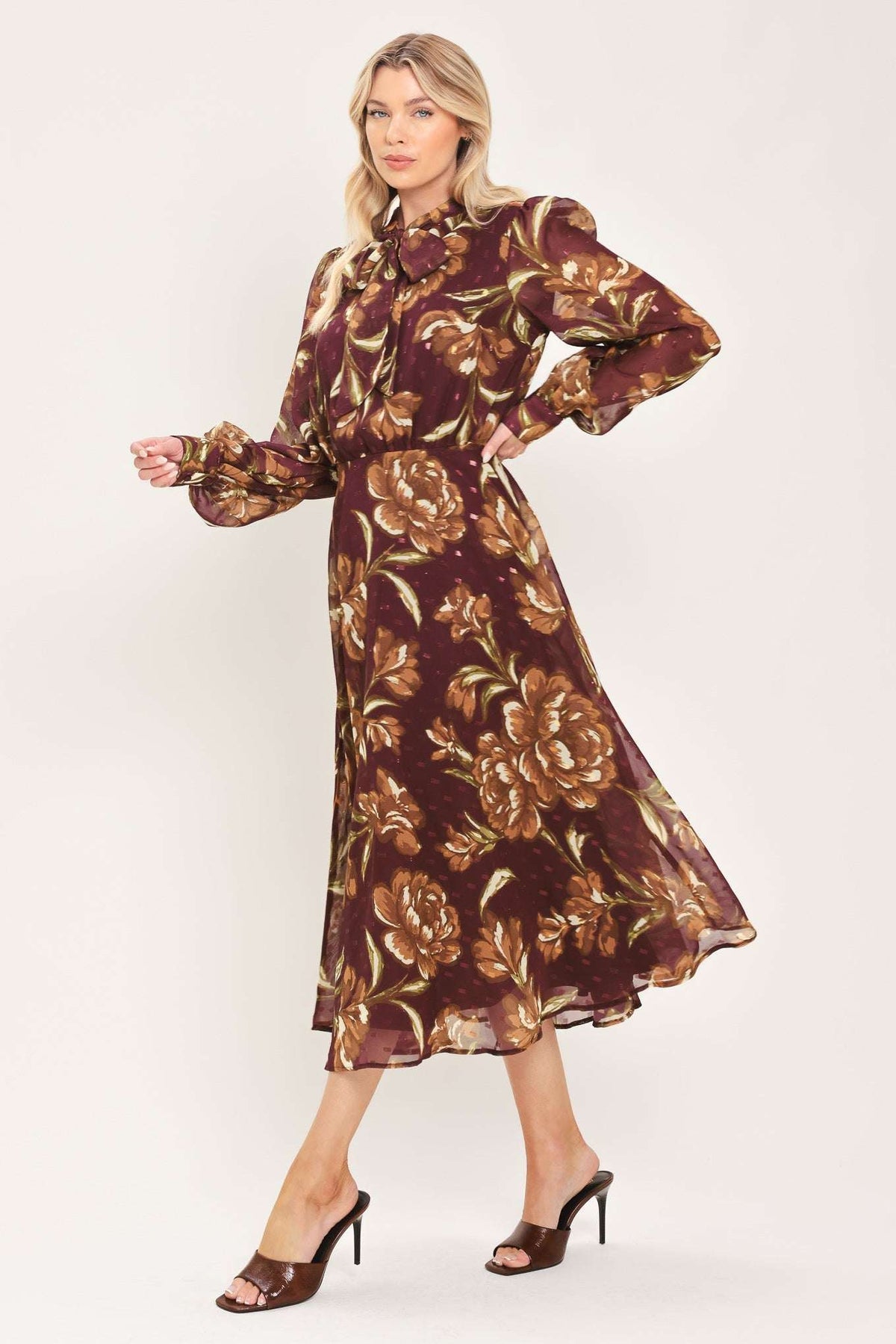 MERLOT MOMENT BURGUNDY TEXTURED TIE-NECK MIDI DRESS - Flying Tomato - Flyclothing LLC