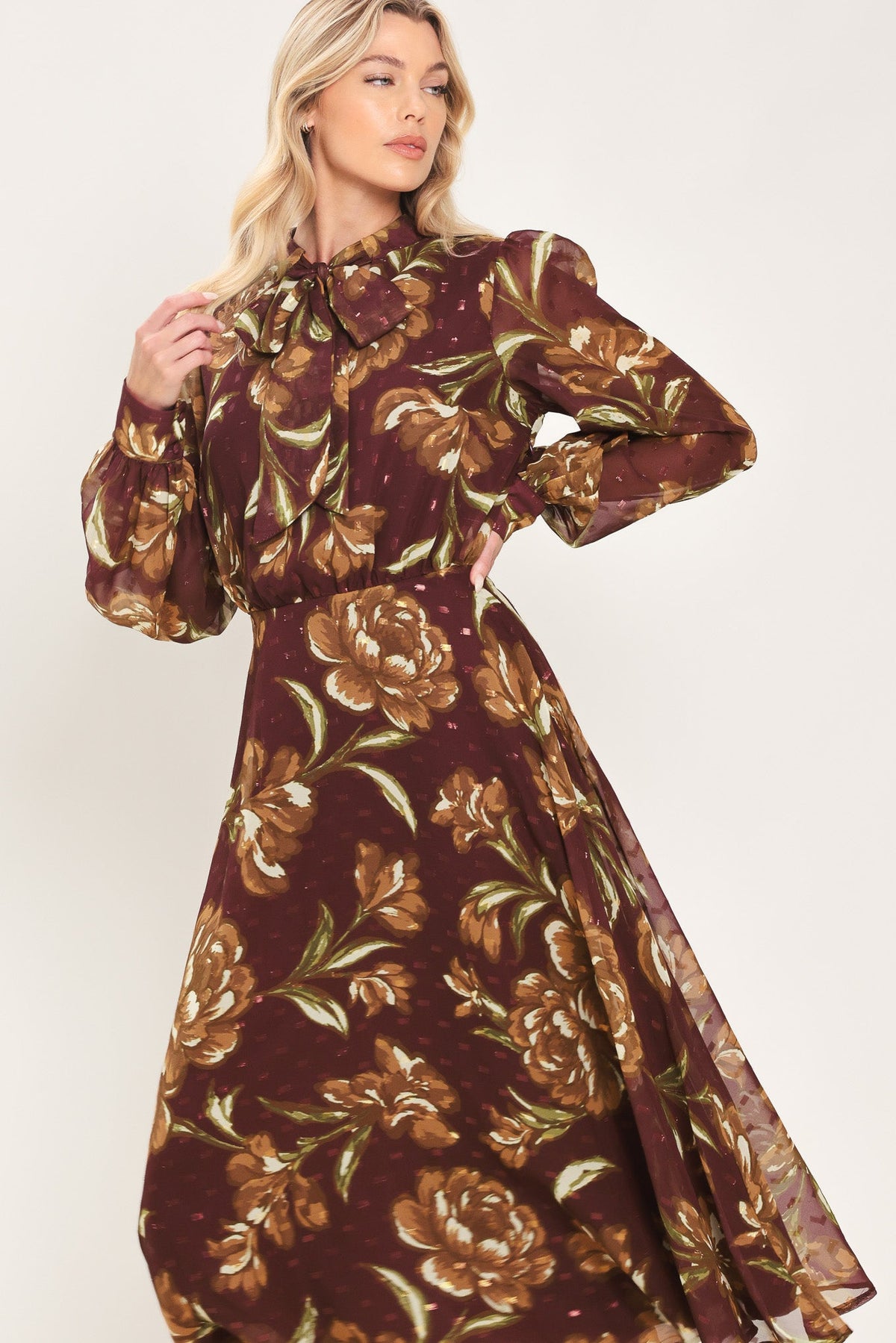 MERLOT MOMENT BURGUNDY TEXTURED TIE-NECK MIDI DRESS - Flying Tomato - Flyclothing LLC