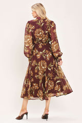MERLOT MOMENT BURGUNDY TEXTURED TIE-NECK MIDI DRESS - Flying Tomato - Flyclothing LLC