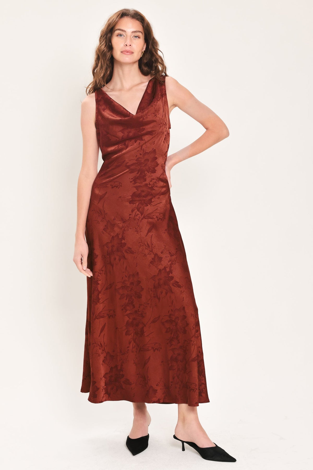 BRICK BEAUTY JACQUARD COWL-NECK TWIST-BACK MIDI DRESS - Flying Tomato - Flyclothing LLC