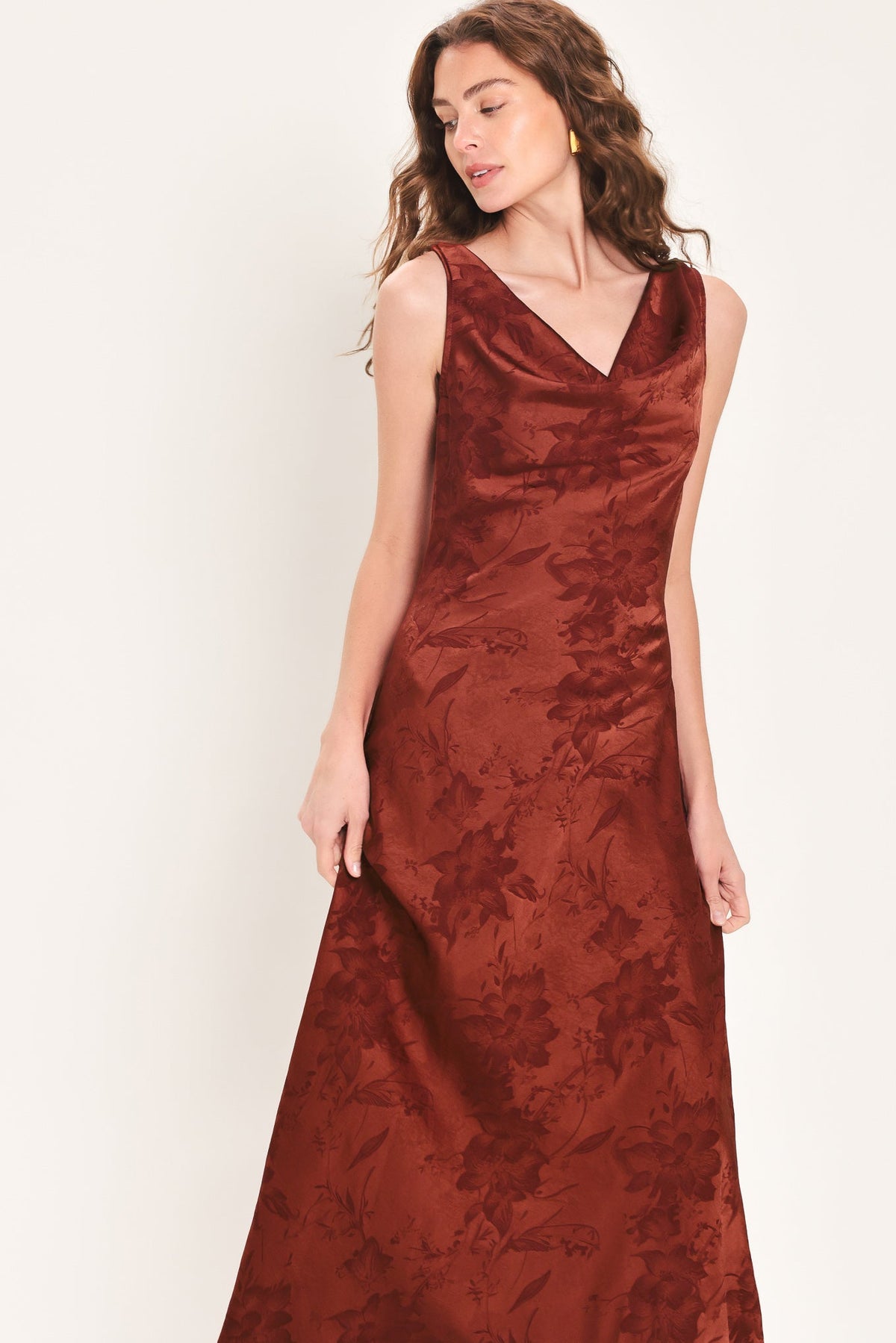 BRICK BEAUTY JACQUARD COWL-NECK TWIST-BACK MIDI DRESS - Flying Tomato - Flyclothing LLC