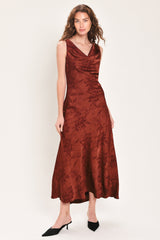 BRICK BEAUTY JACQUARD COWL-NECK TWIST-BACK MIDI DRESS - Flying Tomato - Flyclothing LLC