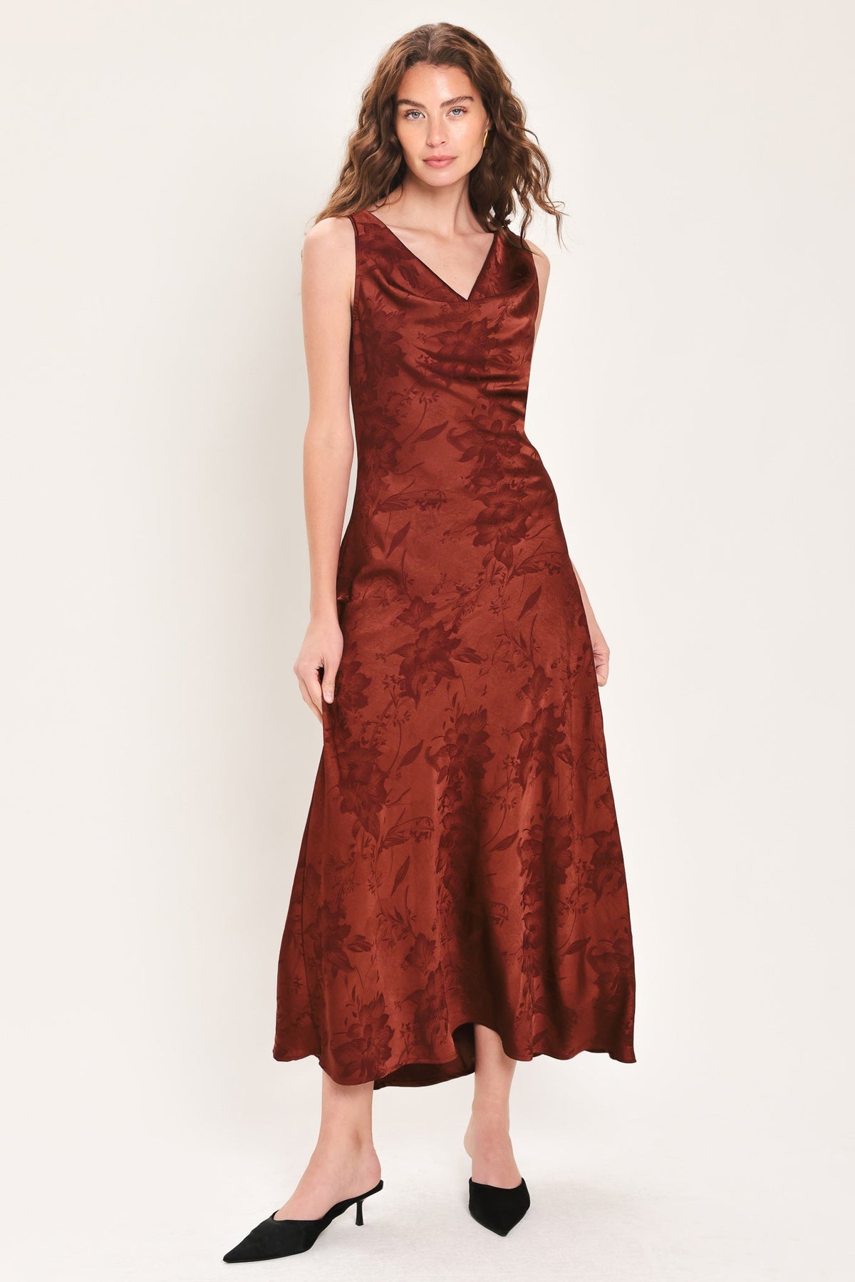 BRICK BEAUTY JACQUARD COWL-NECK TWIST-BACK MIDI DRESS - Flying Tomato - Flyclothing LLC