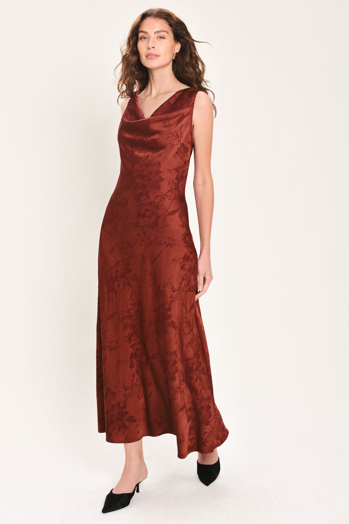 BRICK BEAUTY JACQUARD COWL-NECK TWIST-BACK MIDI DRESS - Flying Tomato - Flyclothing LLC