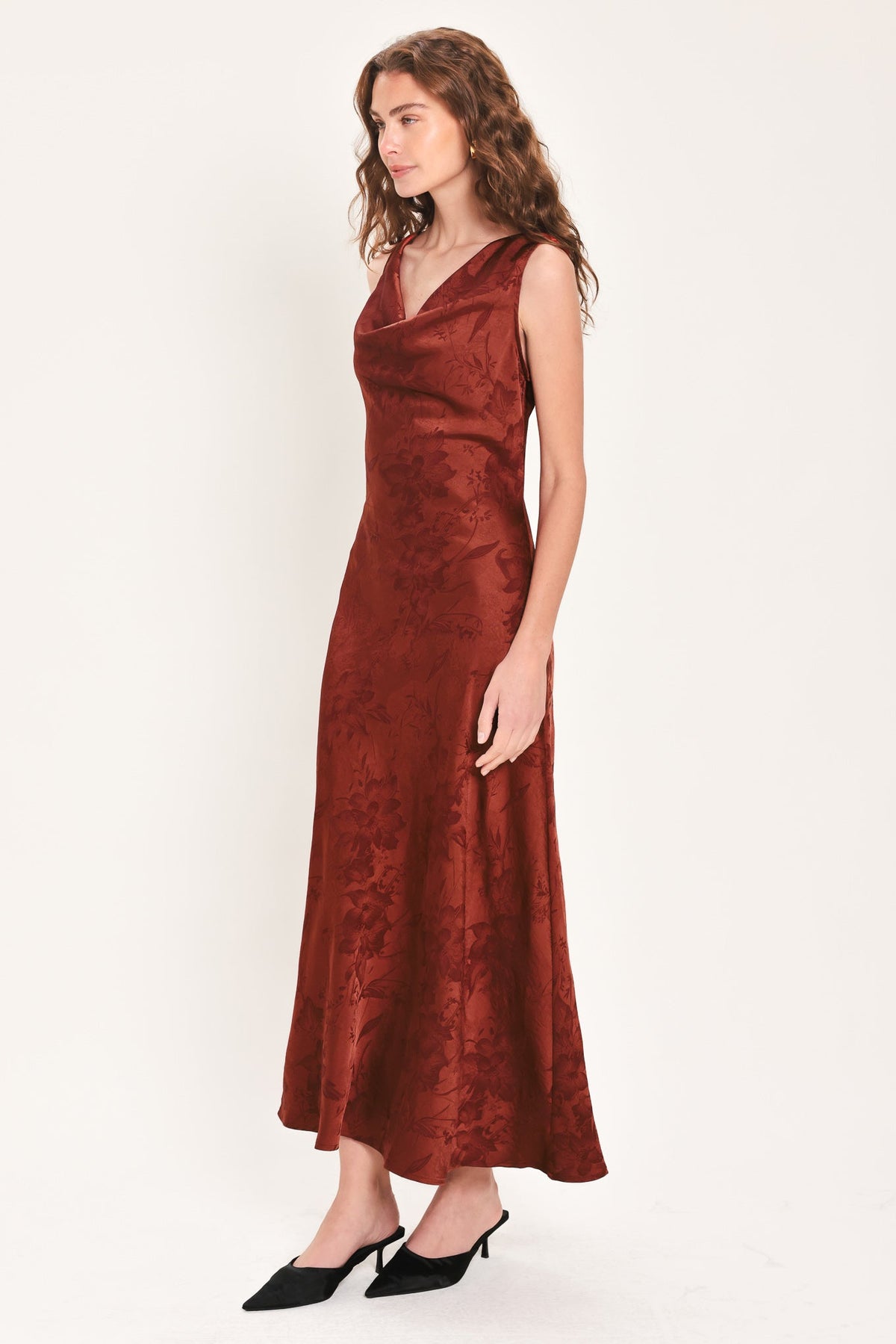 BRICK BEAUTY JACQUARD COWL-NECK TWIST-BACK MIDI DRESS - Flying Tomato - Flyclothing LLC