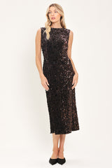MOCHA SPARK DARK BROWN SEQUIN KNIT MIDI DRESS - Flying Tomato - Flyclothing LLC