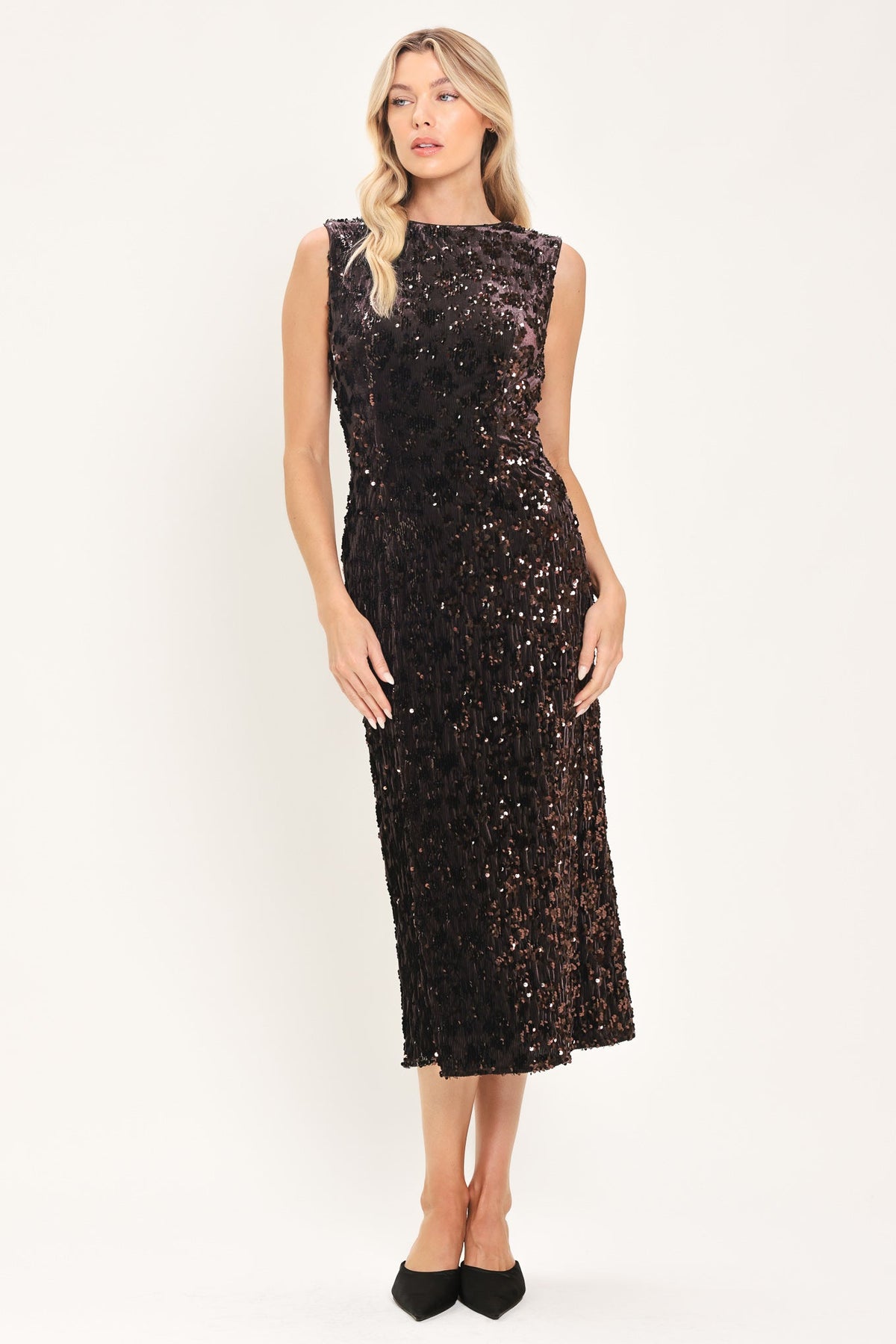 MOCHA SPARK DARK BROWN SEQUIN KNIT MIDI DRESS - Flying Tomato - Flyclothing LLC