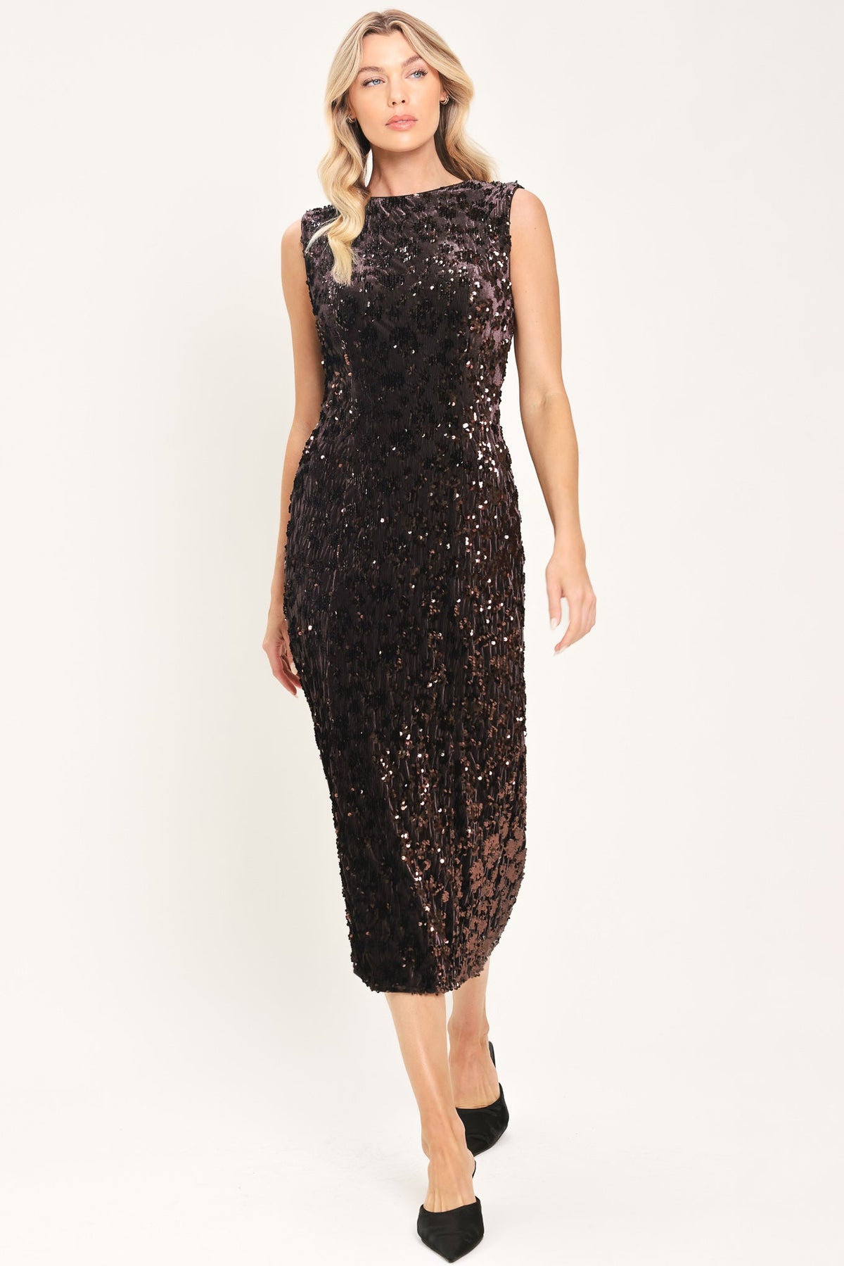 MOCHA SPARK DARK BROWN SEQUIN KNIT MIDI DRESS - Flying Tomato - Flyclothing LLC