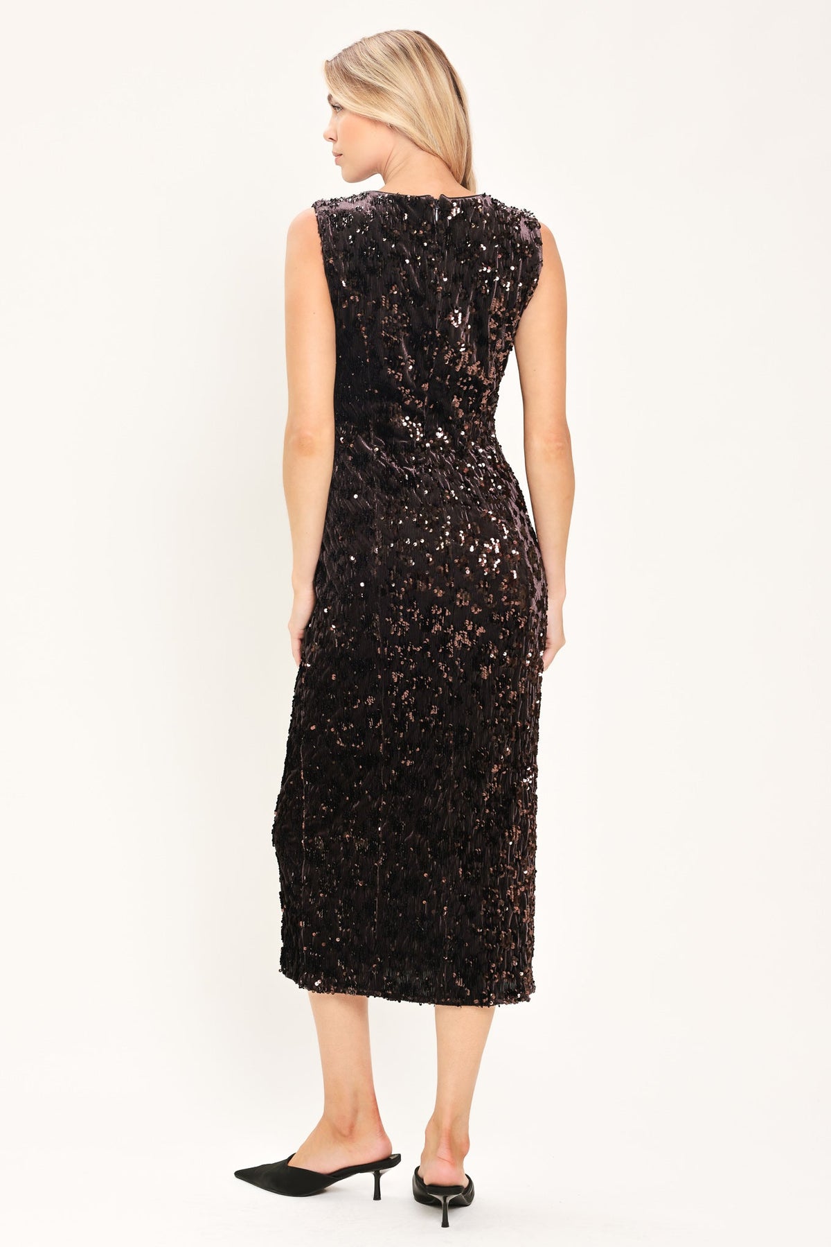 MOCHA SPARK DARK BROWN SEQUIN KNIT MIDI DRESS - Flying Tomato - Flyclothing LLC