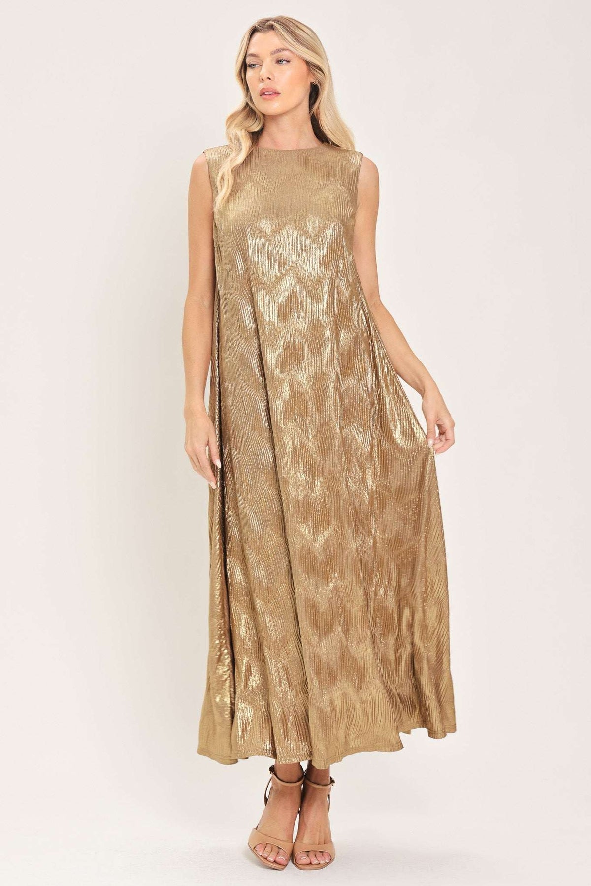 GOLDEN GLIMMER GOLD FOIL BELTED MIDI DRESS - Flying Tomato - Flyclothing LLC