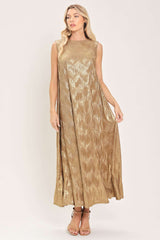 GOLDEN GLIMMER GOLD FOIL BELTED MIDI DRESS - Flying Tomato - Flyclothing LLC