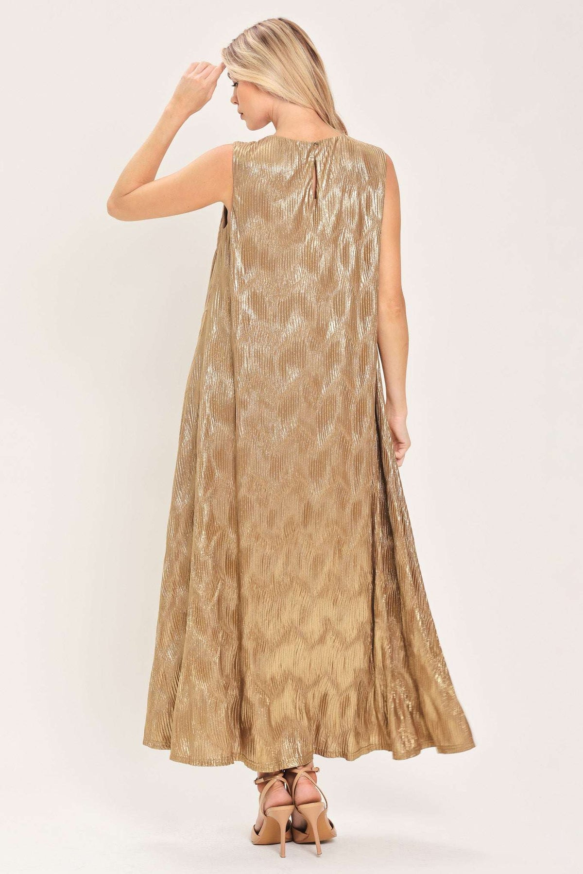 GOLDEN GLIMMER GOLD FOIL BELTED MIDI DRESS - Flying Tomato - Flyclothing LLC