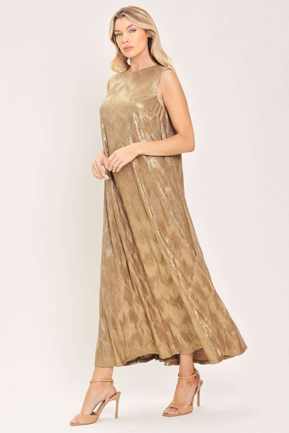 GOLDEN GLIMMER GOLD FOIL BELTED MIDI DRESS - Flying Tomato - Flyclothing LLC