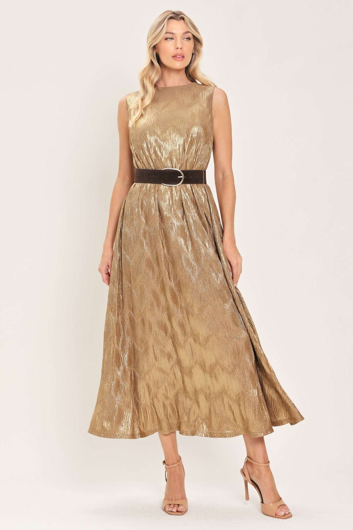 GOLDEN GLIMMER GOLD FOIL BELTED MIDI DRESS - Flying Tomato - Flyclothing LLC