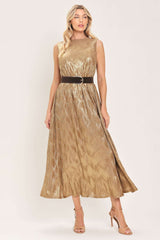 GOLDEN GLIMMER GOLD FOIL BELTED MIDI DRESS - Flying Tomato - Flyclothing LLC