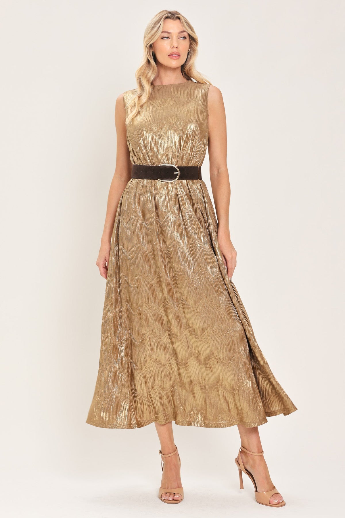 GOLDEN GLIMMER GOLD FOIL BELTED MIDI DRESS - Flying Tomato - Flyclothing LLC