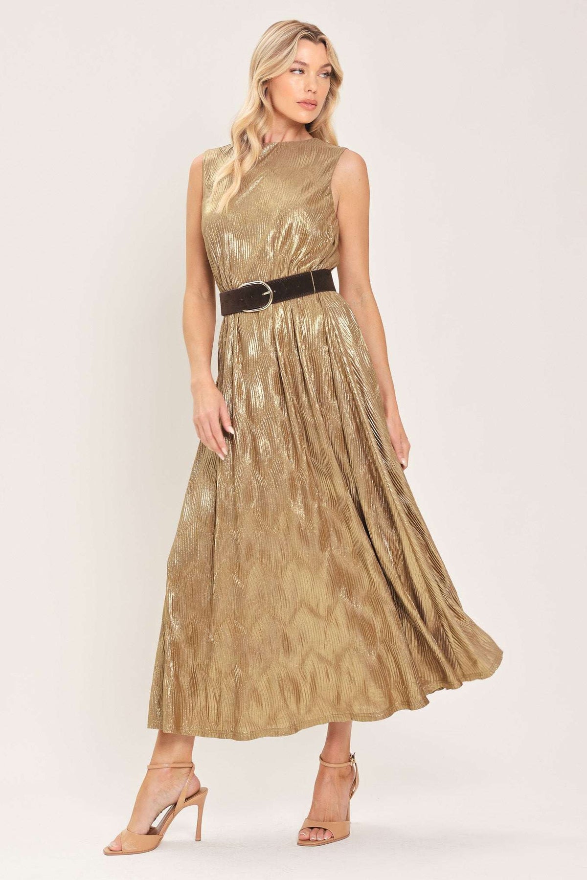 GOLDEN GLIMMER GOLD FOIL BELTED MIDI DRESS - Flying Tomato - Flyclothing LLC