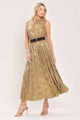GOLDEN GLIMMER GOLD FOIL BELTED MIDI DRESS - Flying Tomato - Flyclothing LLC