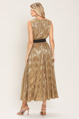 GOLDEN GLIMMER GOLD FOIL BELTED MIDI DRESS - Flying Tomato - Flyclothing LLC