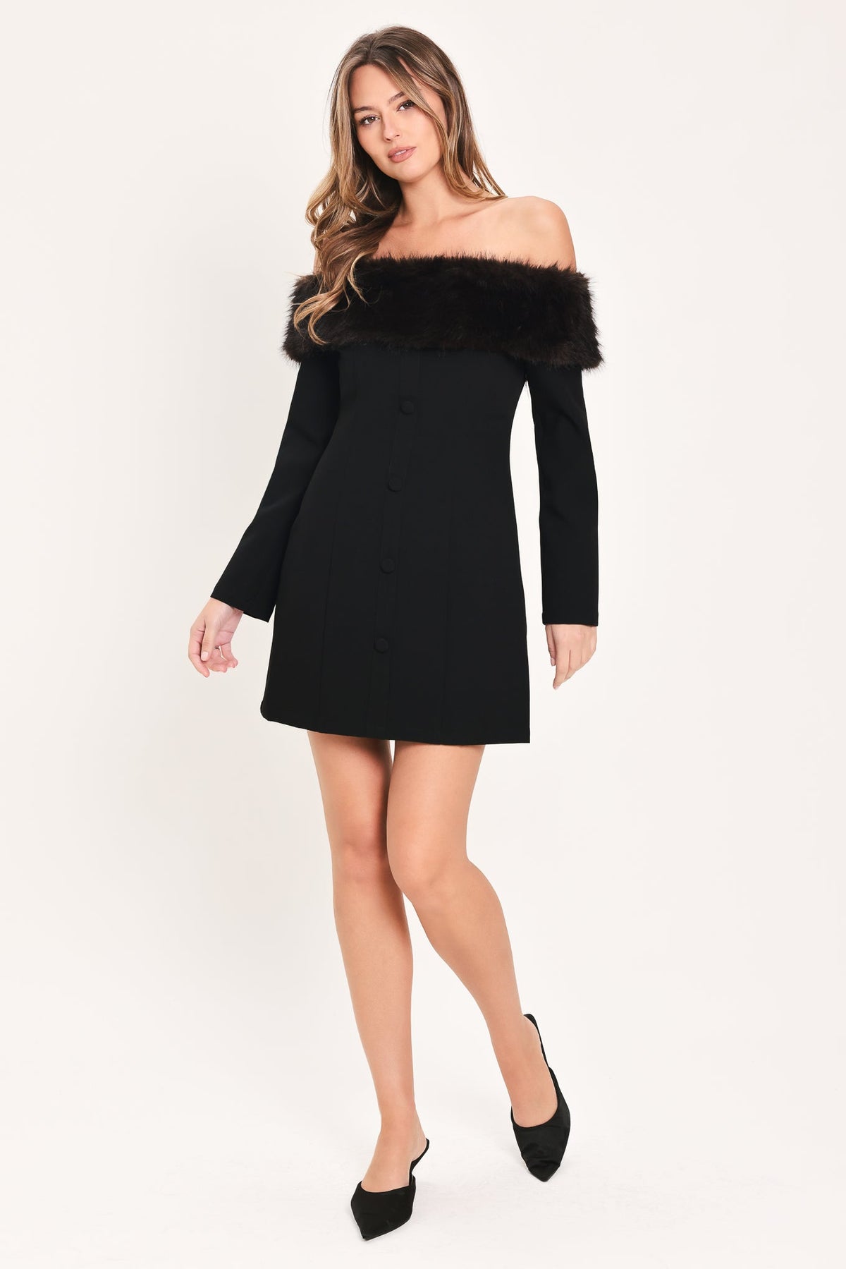 NOIR FROST BLACK FAUX-FUR OFF-SHOULDER MINI DRESS