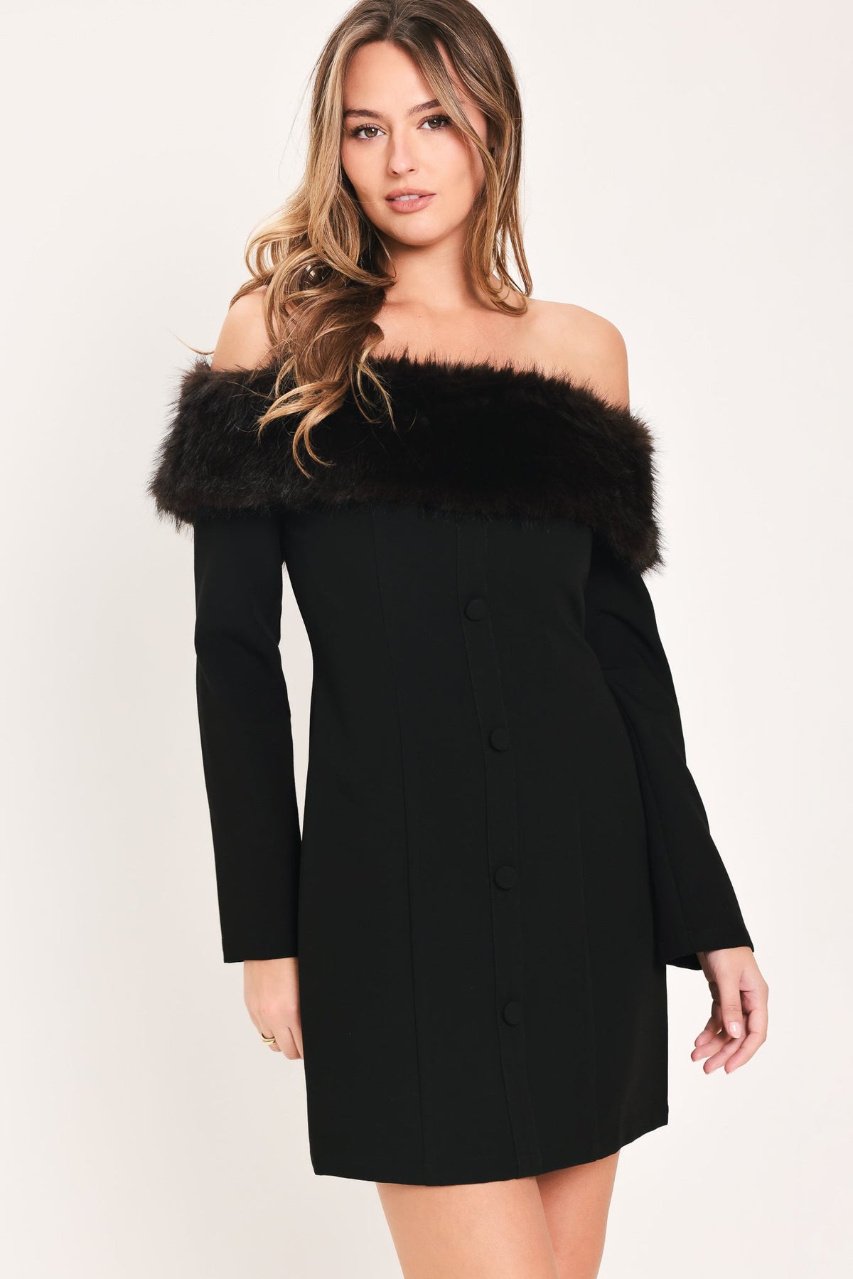 NOIR FROST BLACK FAUX-FUR OFF-SHOULDER MINI DRESS