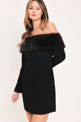 NOIR FROST BLACK FAUX-FUR OFF-SHOULDER MINI DRESS