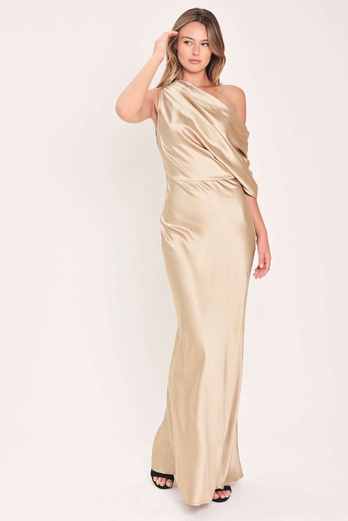 GILDED DRAPE SATIN ONE-SHOULDER MAXI DRESS - Flying Tomato - Flyclothing LLC