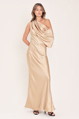 GILDED DRAPE SATIN ONE-SHOULDER MAXI DRESS - Flying Tomato - Flyclothing LLC