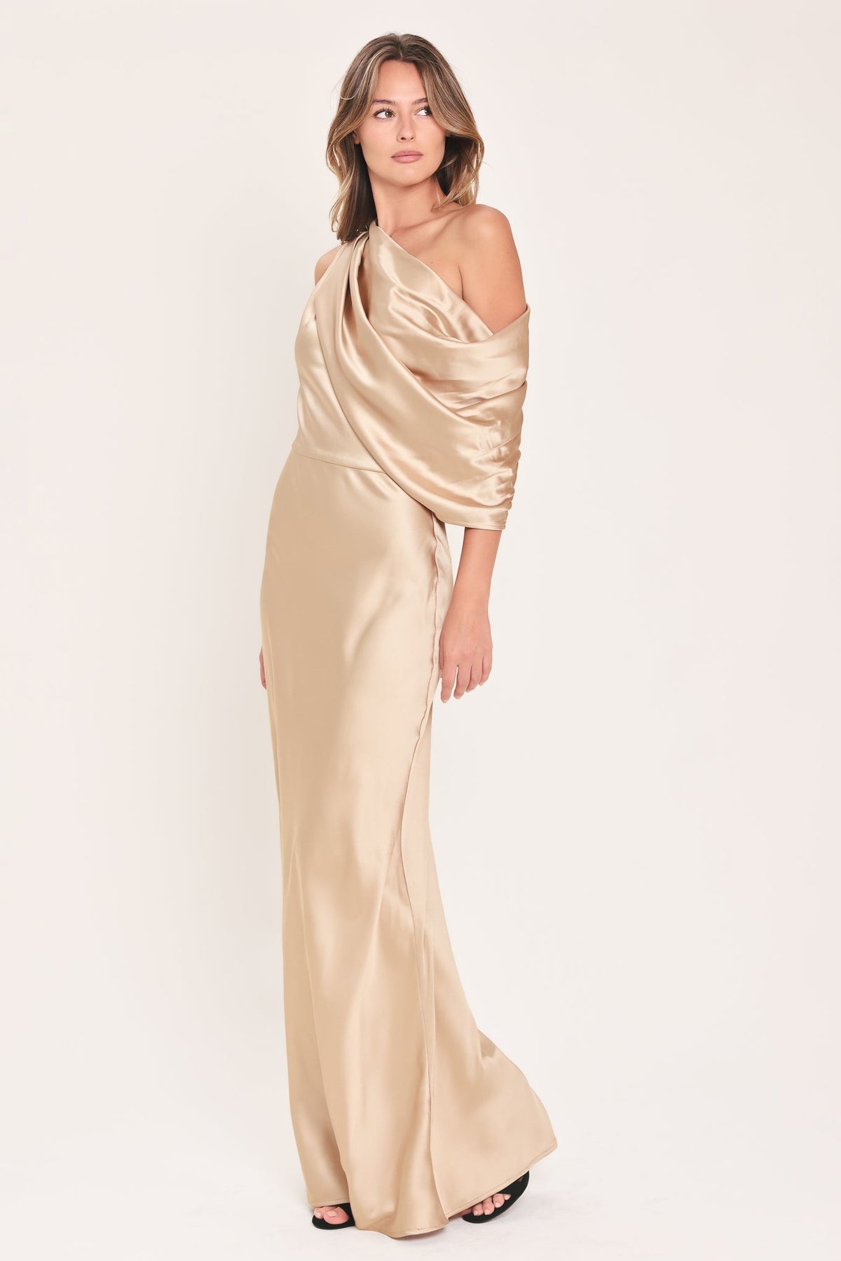 GILDED DRAPE SATIN ONE-SHOULDER MAXI DRESS - Flying Tomato - Flyclothing LLC