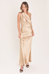 GILDED DRAPE SATIN ONE-SHOULDER MAXI DRESS - Flying Tomato - Flyclothing LLC